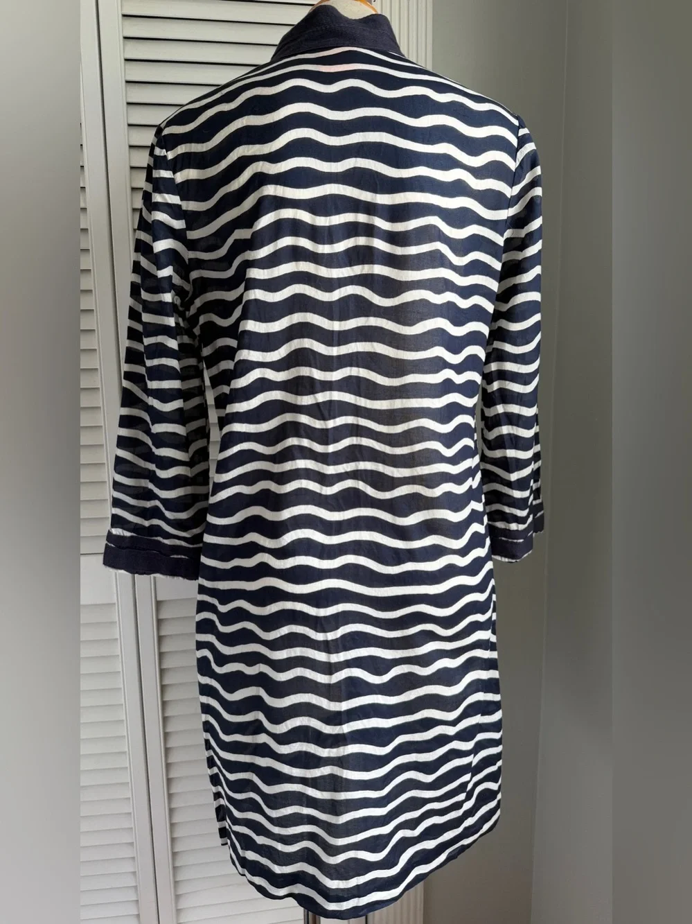 8🌊 Tory Burch Navy and White Wave Stripe Swim Tunic Coverup Dress 3/4 Sleeve